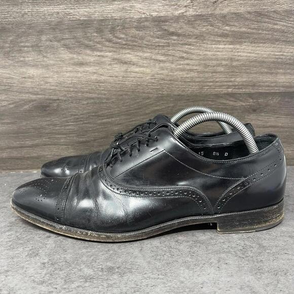 Salvatore Ferragamo Shoes Mens Size 8.5 Black Leather Brogue Cap Toe Oxford